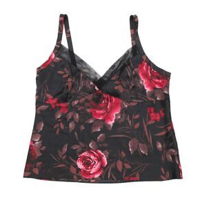 Vintage Black Floral Camisole Lace Trim‎ Sheer Mesh 90s Satin Cami